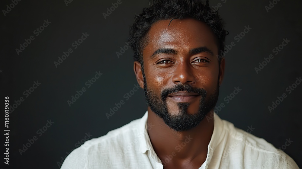 Fototapeta premium A Black man with a beard smiles confidently in a portrait, showcasing pride, clear skin, and hair care