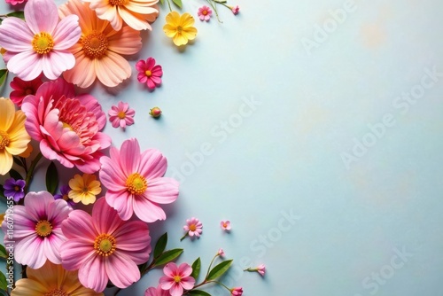 A Delicate Arrangement of Vibrant Pink, Peach, and Yellow Blossoms on a Light Blue Background, Offering a Serene and Elegant Floral Design