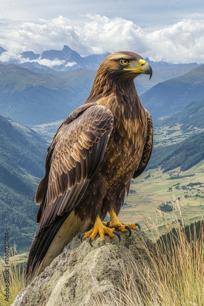 A majestic eagle perched on a rock, overlooking a scenic mountainous landscape. A majestic eagle perched on a rock, overlooking a scenic mountainous landscape.