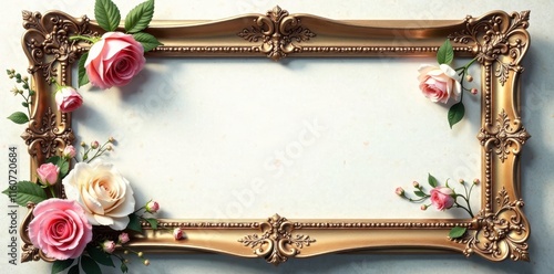 Ornate gold frame adorned with delicate pink and cream roses, a romantic composition photo