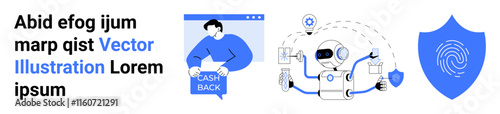 Man receiving cashback, robot surrounded by technology symbols, fingerprint on a shield. Ideal for fintech, AI tech, internet security, fintech solutions, online protection, user interface, business