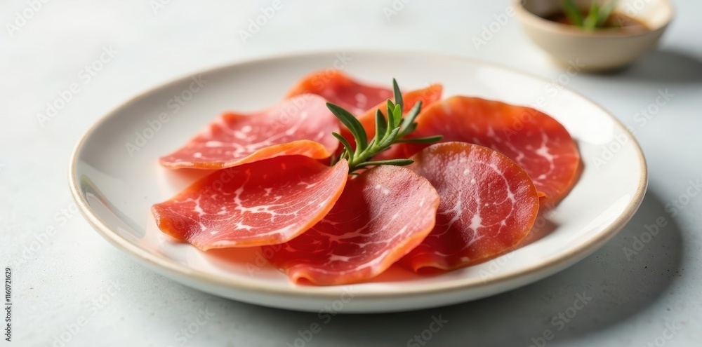 Delicate Slices of Air-Dried Meat, Beautifully Arranged on a Plate, Garnish with Fresh Herb Sprig Delicate Slices of Air-Dried Meat, Beautifully Arranged on a Plate, Garnish with Fresh Herb Sprig
