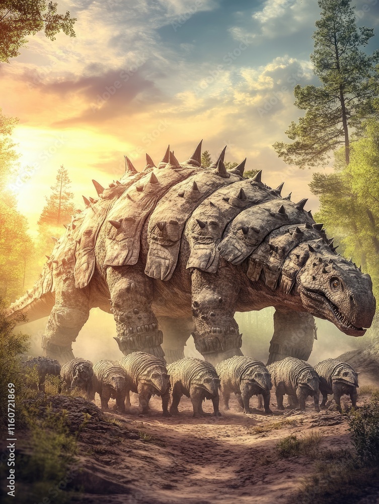 Fototapeta premium A massive, spiked dinosaur-like creature leads smaller ones through a lush, vibrant landscape.