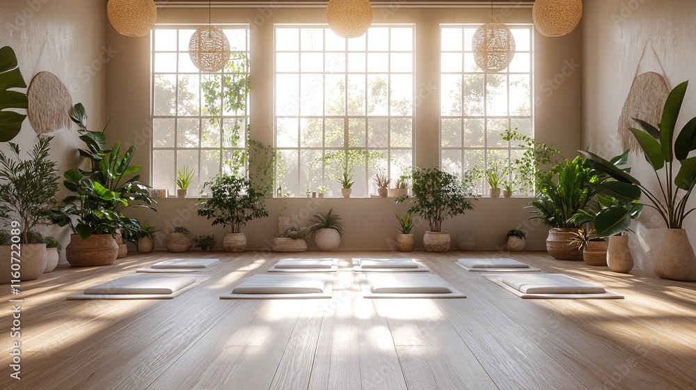 Fototapeta premium sunlight streaming through windows illuminates an empty yoga studio with white mats and numerous potted plants.