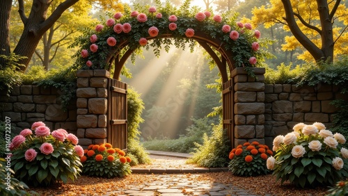 Fototapeta Naklejka Na Ścianę i Meble -  A winding stone path leads to a rustic stone wall, punctuated by a beautifully weathered wooden door and topped with an ornate stone arch adorned with vibrant pink roses