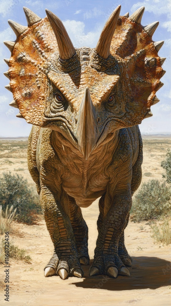 Fototapeta premium A detailed illustration of a dinosaur resembling a Triceratops in a desert setting.
