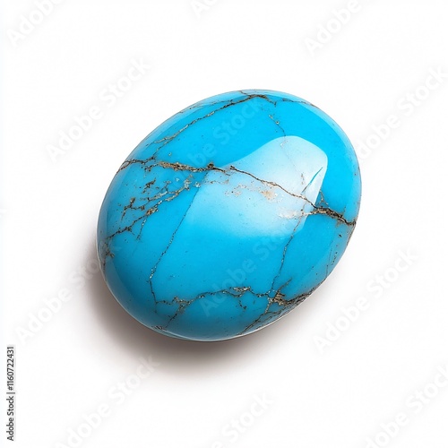 Oval-Shaped Turquoise Gemstone with Natural Veining, Smooth and Vibrant Sky-Blue Surface Isolated on White photo