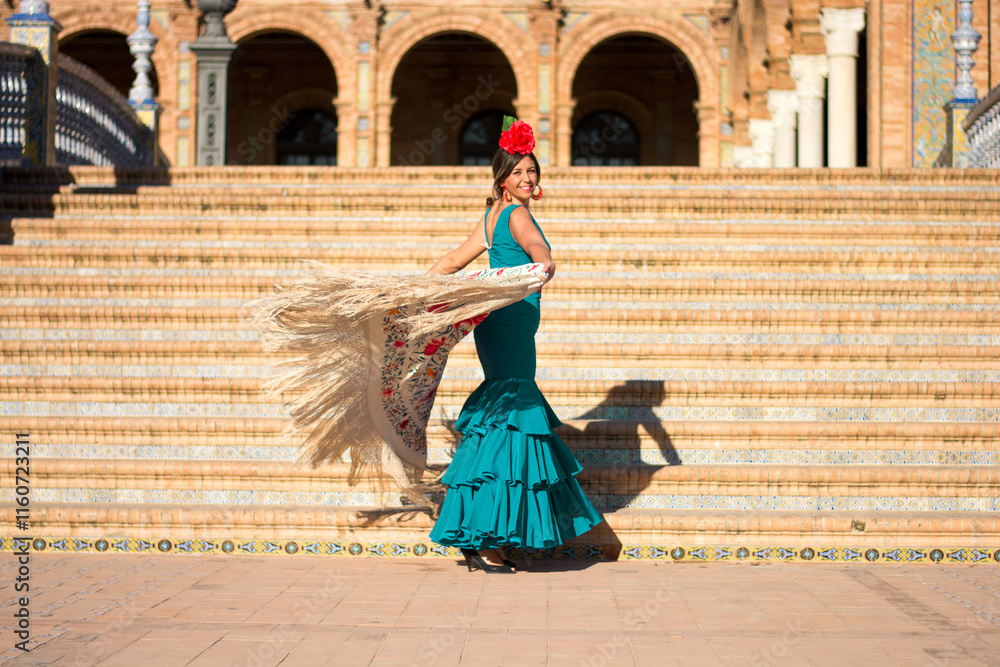 Fototapeta premium the gorgeous girl dances in the sun with the beautiful Flamingo dress