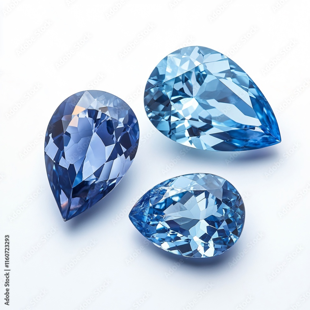 Trio of Pear-Cut Zircon Gemstones with Vibrant Blue Hues on White Background Trio of Pear-Cut Zircon Gemstones with Vibrant Blue Hues on White Background