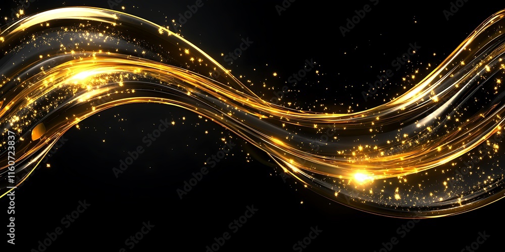 Fototapeta premium Abstract golden wave with sparkles on black background.