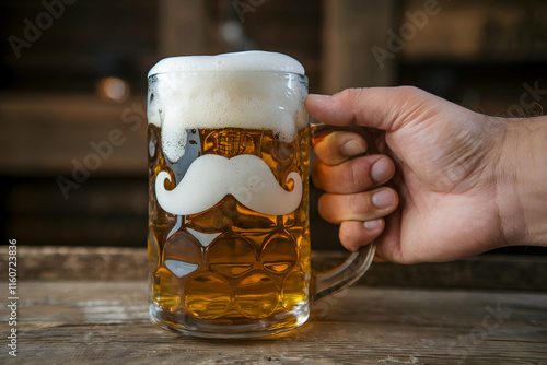 Hand holds frothy beer in a rustic pub setting with detailed foam and mug photo