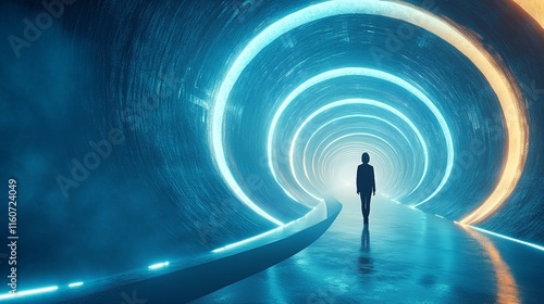 A Woman Stands at the Entrance of an Enigmatic Tunnel Filled with Glowing Blue and Orange Circles.