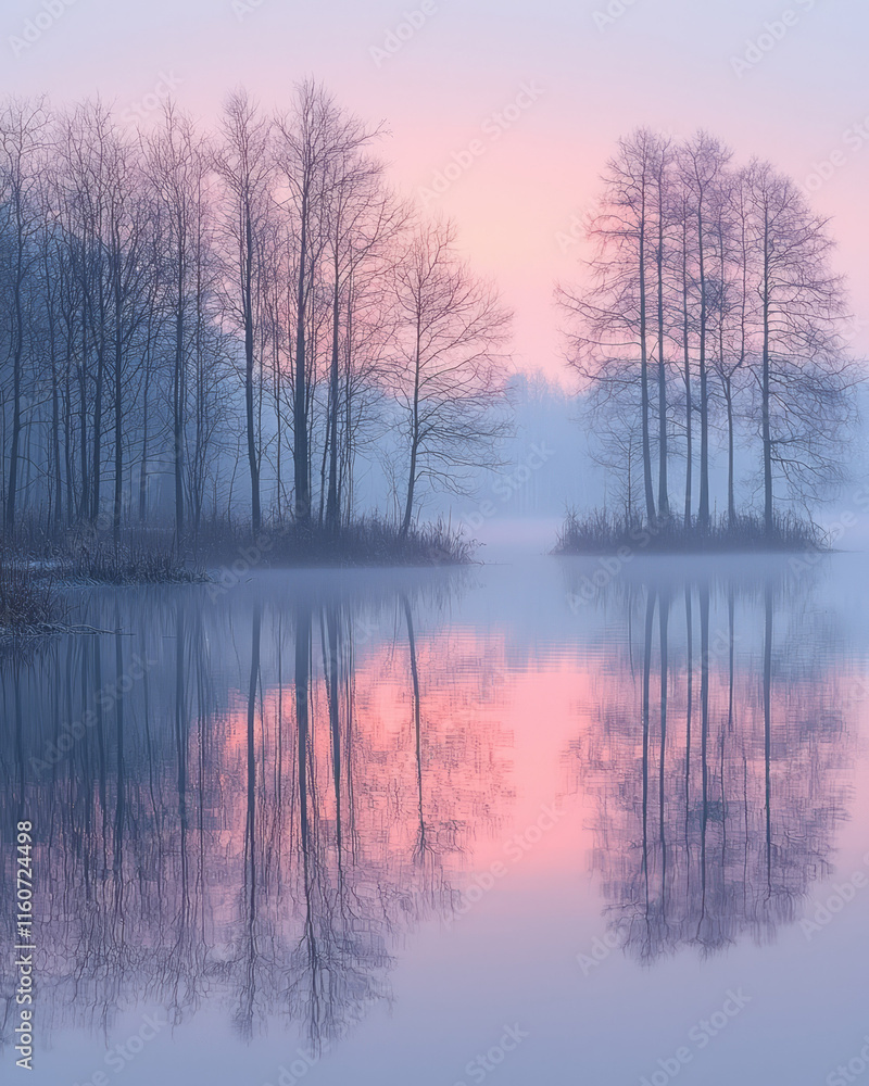 Fototapeta premium A cool mist rising over a tranquil lake at dawn,