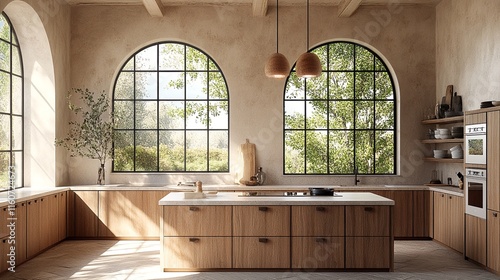 Modern kitchen with large windows and wooden cabinets. photo