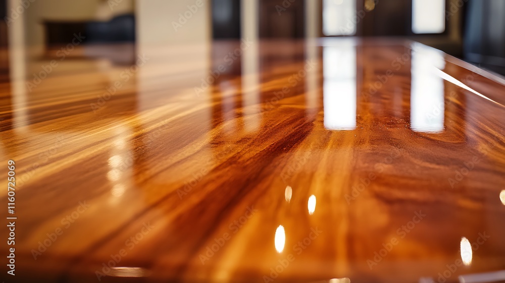 Polished wood table top with rich grain and high gloss finish. Polished wood table top with rich grain and high gloss finish.