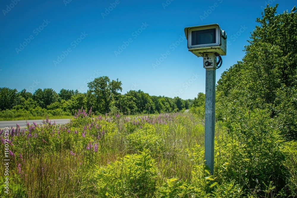 Tall Pole Mounted Speed Camera Overlooking Highway Under Bright Daylight with Clear Blue Sky and Lush Greenery in Background Tall Pole Mounted Speed Camera Overlooking Highway Under Bright Daylight with Clear Blue Sky and Lush Greenery in Background