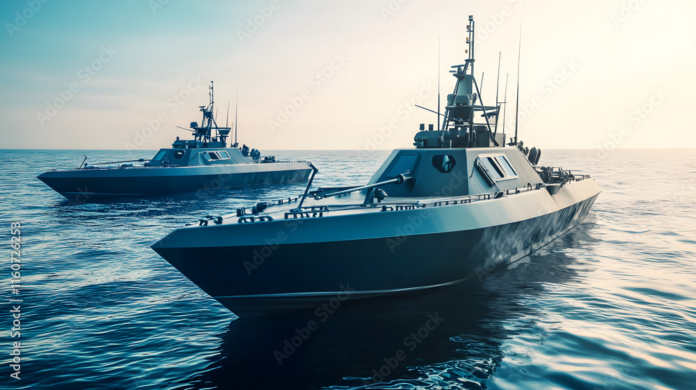 Naklejka premium Naval patrol boats cruising through the open sea, maintaining security and vigilance in international waters, symbolizing maritime defense and global cooperation.
