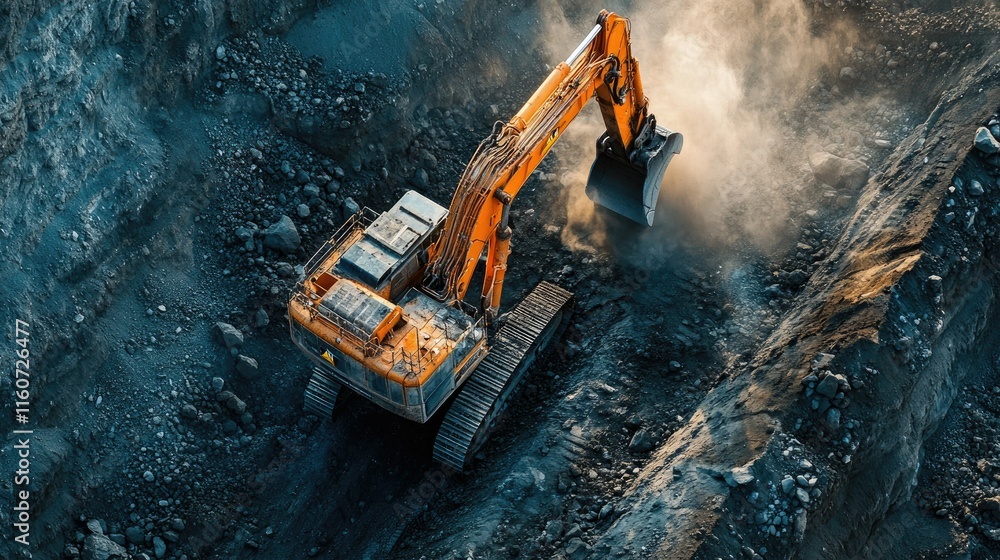 Excavator at Work in a Coal Mine: Aerial View Excavator at Work in a Coal Mine: Aerial View