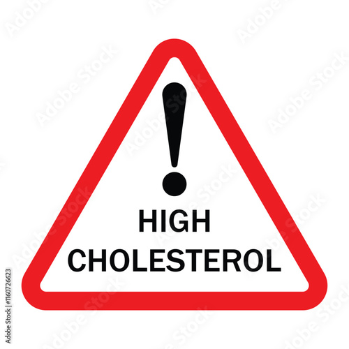 High blood cholesterol text sign inside a red warning triangle with exclamation symbol. Clogged artery. Concept of unhealthy lifestyle, fast food. thrombosis microvascular disease. Vector illustration