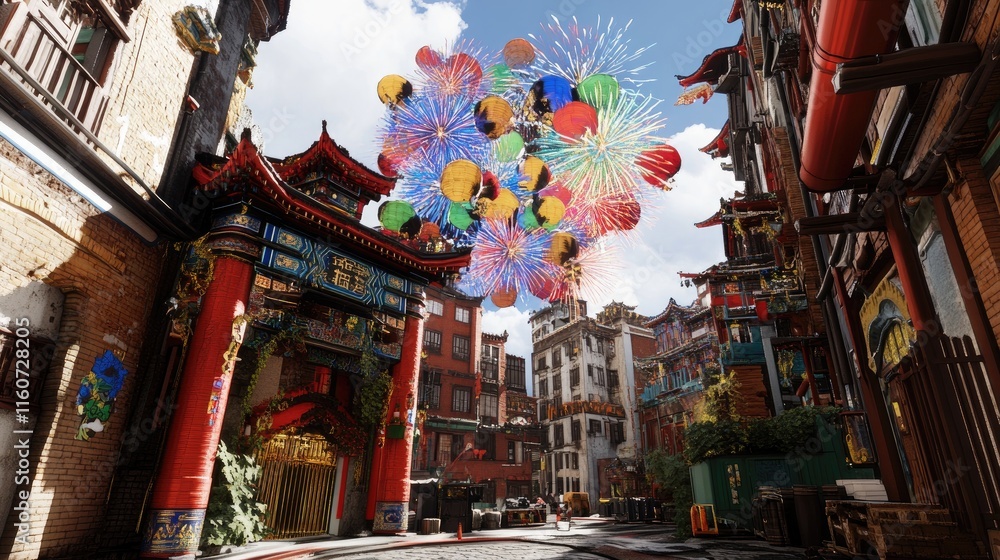 Fototapeta premium A vibrant street scene in a Chinatown during a festive celebration with colorful lanterns and fireworks.