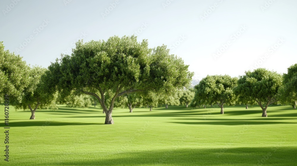 Lush green landscape with scattered trees under a clear sky. Lush green landscape with scattered trees under a clear sky.