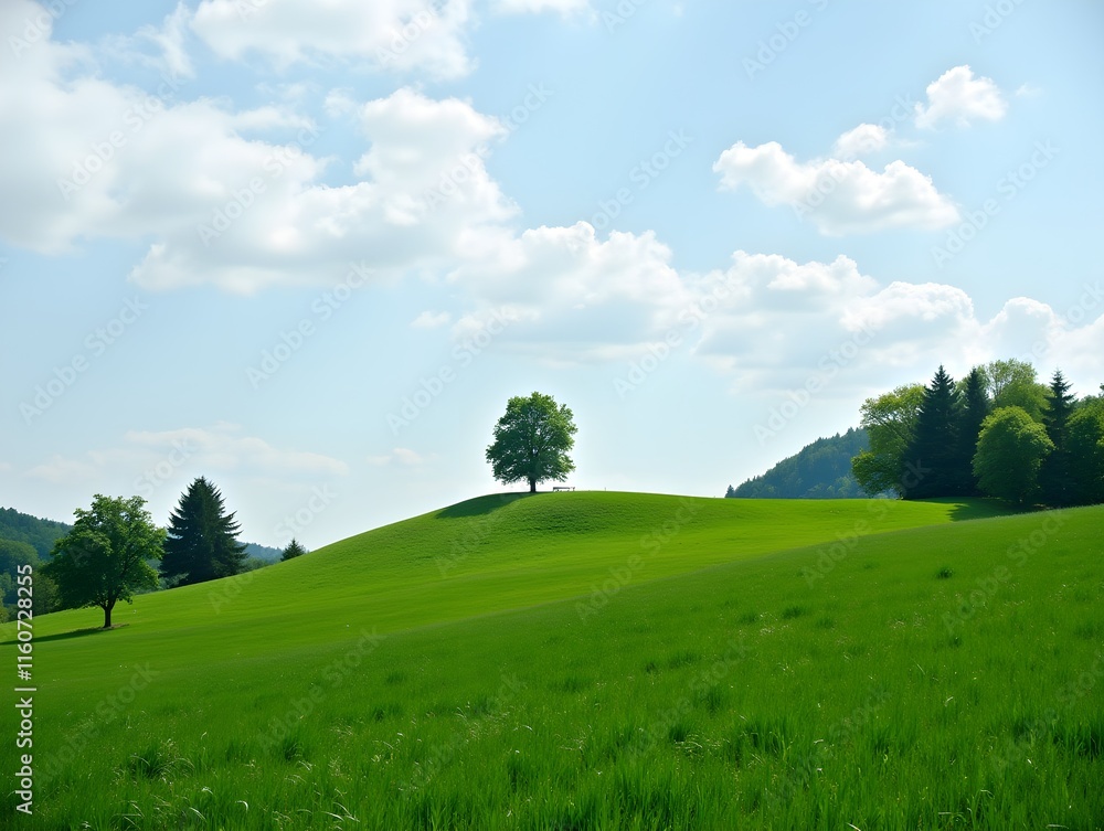 A green field with trees and clouds A green field with trees and clouds
