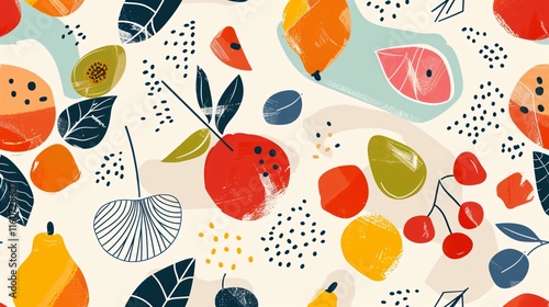 Vibrant Abstract Shapes and Fruits Seamless Pattern Vector Illustration