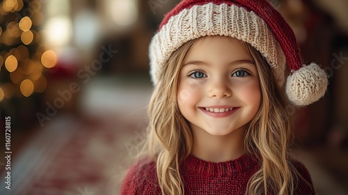 A cheerful young girl wearing a Santa hat and red sweater expresses happiness and holiday spirit; her vibrant smile captures the essence of festive joy and childhood wonder photo