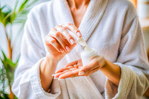 a woman in a bathrobe holding a bottle of hand saniti photo