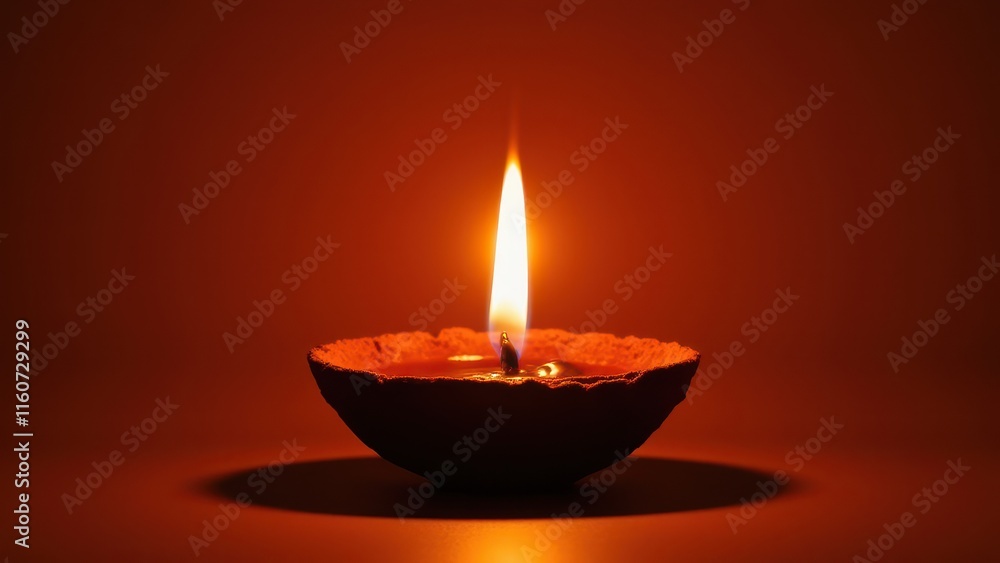A warm, golden-lit clay diya sits atop a vibrant crimson surface, its curved shape radiating gentle light against the dark background A warm, golden-lit clay diya sits atop a vibrant crimson surface, its curved shape radiating gentle light against the dark background