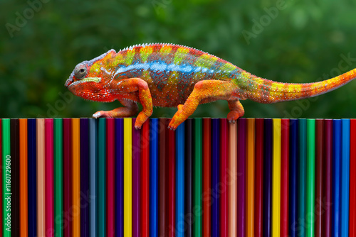 Chameleon panther tries to camouflage on colored pencils, Beautiful of chameleon panther, The panther chameleon changes its skin color on colored pencils