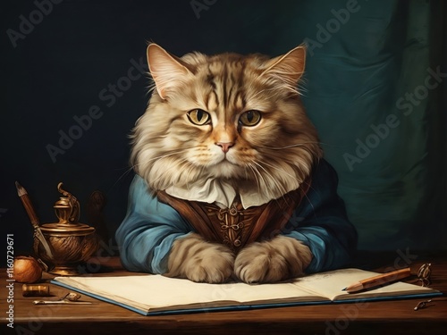 fluffy cat, dressed in a blue jacket and collared shirt, sits at a wooden desk with an open book and quill photo