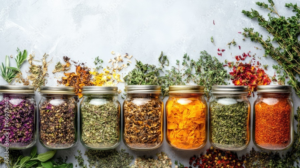 Aromatic Herbs and Spices in Glass Jars Aromatic Herbs and Spices in Glass Jars
