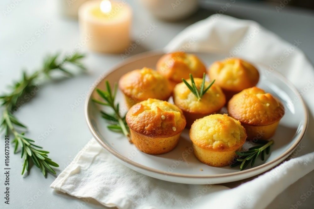 A plate of delectable mini muffins, adorned with fresh rosemary sprigs, creates a cozy and inviting atmosphere enhanced by the soft glow of candlelight nearby. A plate of delectable mini muffins, adorned with fresh rosemary sprigs, creates a cozy and inviting atmosphere enhanced by the soft glow of candlelight nearby.