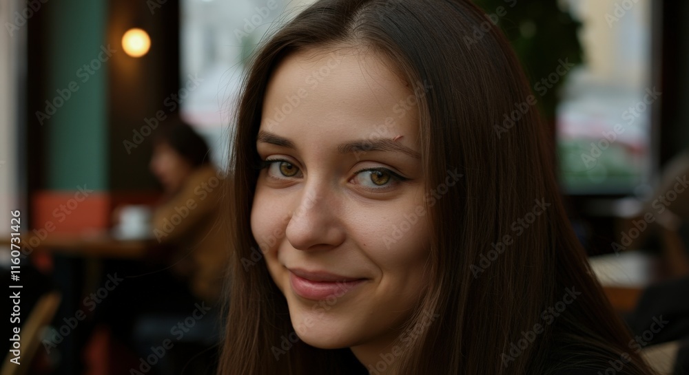 Young caucasian female in a café setting with warm ambient lighting Young caucasian female in a café setting with warm ambient lighting