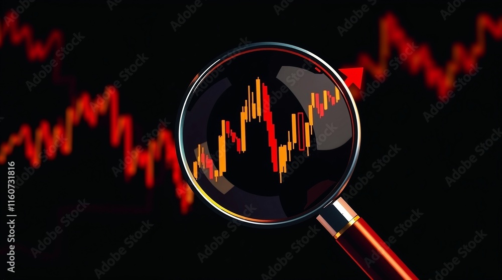 Fototapeta premium Magnifying glass showing stock market analysis with red and orange trends on black background