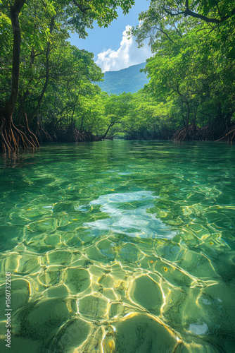 A serene mangrove forest with roots submerged in clear water,