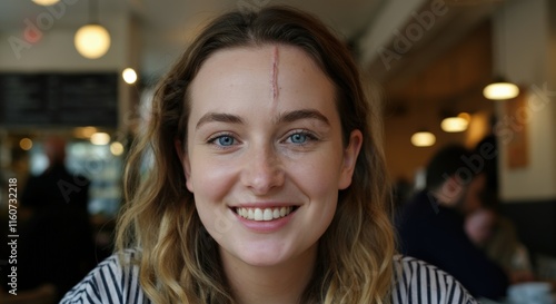 Smiling young caucasian woman with unique scar in cozy cafe setting