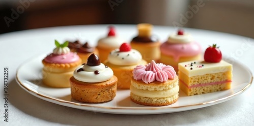 Assortment of Exquisite Mini Cakes with Delicate Frosting and Colorful Decorations on a White Plate