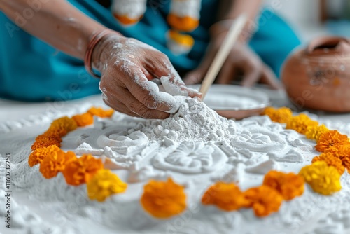 Makar Sankranti. Traditional rangoli being crafted with white powder and marigold flowers. photo