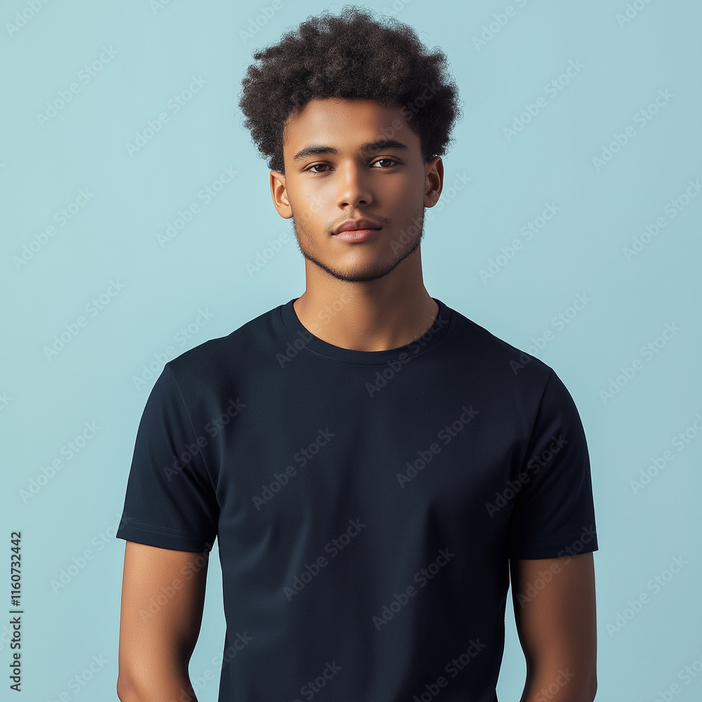 Person in Plain Black T-Shirt Against Light Blue Background in Studio Setting
Person in Plain Black T-Shirt Against Light Blue Background in Studio Setting