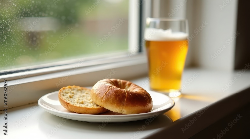 A freshly baked bagel, split and ready to be enjoyed, sits on a plate next to a glass of golden amber liquid, all presented on a bright windowsill bathed in soft sunlight. A freshly baked bagel, split and ready to be enjoyed, sits on a plate next to a glass of golden amber liquid, all presented on a bright windowsill bathed in soft sunlight.