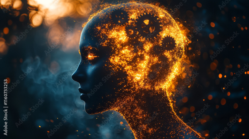 A silhouette with gears inside the head glowing softly, A silhouette with gears inside the head glowing softly,