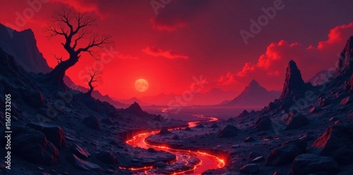 A crimson sunset casts an eerie glow over a desolate landscape, where a winding river of molten rock flows amidst stark, dark mountains and solitary trees under a large red sun. photo