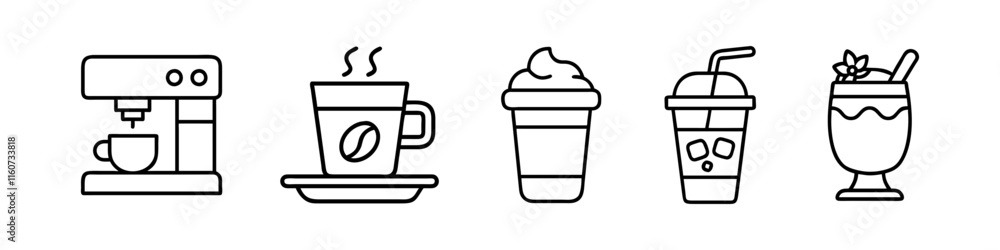 Line Icons of Drinks and Beverages - Minimalistic line icons showcasing a variety of drinks, including beer, cocktails, coffee, bubble tea, wine, and bottled beverages. Line Icons of Drinks and Beverages - Minimalistic line icons showcasing a variety of drinks, including beer, cocktails, coffee, bubble tea, wine, and bottled beverages.