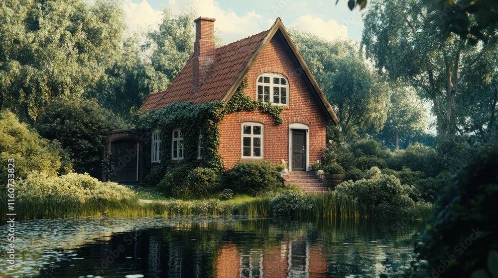 Fototapeta premium Idyllic brick cottage by a pond, nestled in lush greenery.