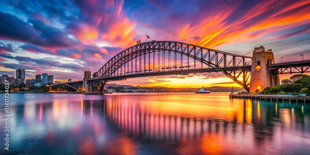 Obraz premium Sunset's fiery hues reflect on Sydney Harbour Bridge.