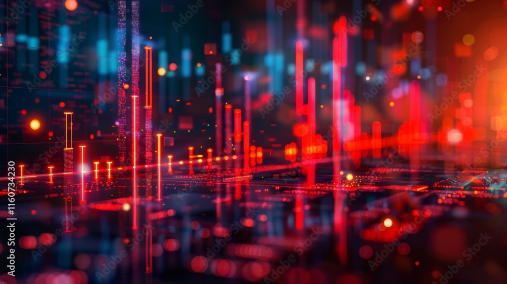 Fototapeta premium Vibrant abstract patterns of red and blue light representing digital data and modern technology in a futuristic setting