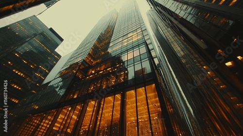 a glass and steel skyscraper rises above other buildings in this photograph. photo