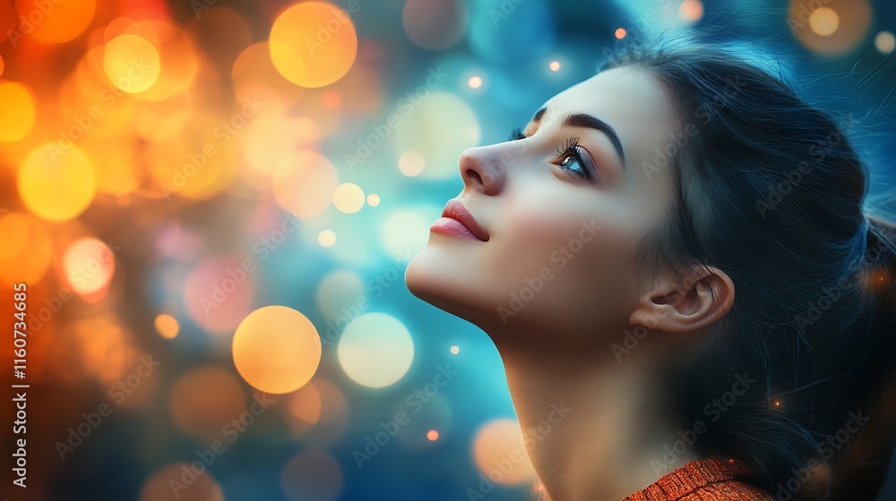 Young woman looking up, hopeful expression, bokeh background. Young woman looking up, hopeful expression, bokeh background.